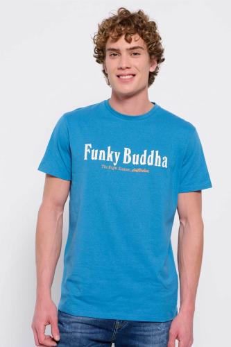 Funky Buddha ανδρικό βαμβακερό T-shirt μονόχρωμο με contrast logo print και logo label στο πλάι - FBM007-021-04 Γαλάζιο S